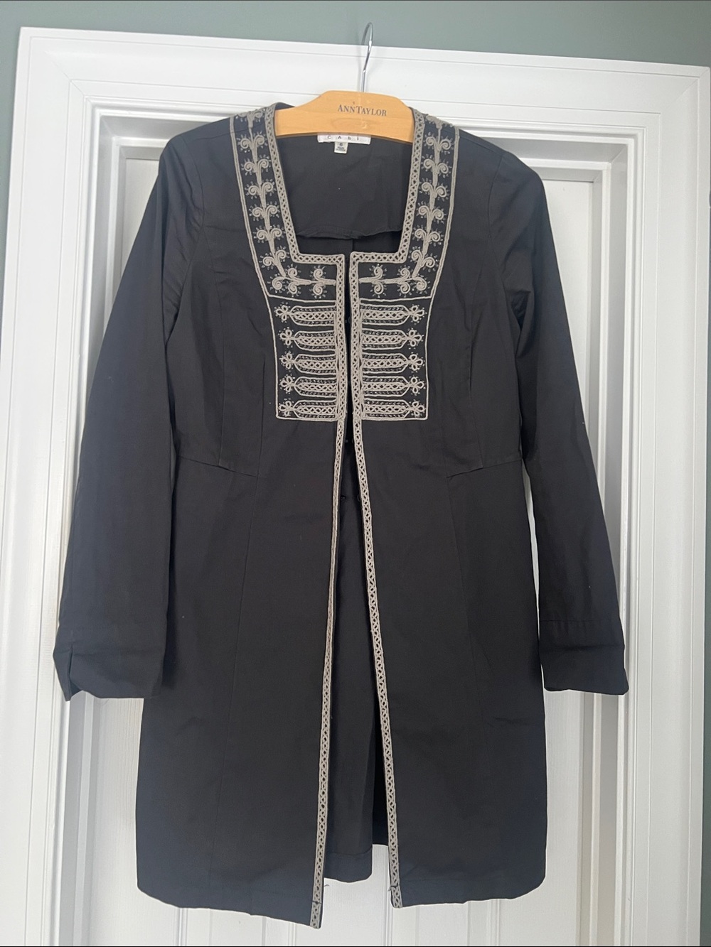 Cabi Black Long Coat with beads and Cream Trim Embroidery